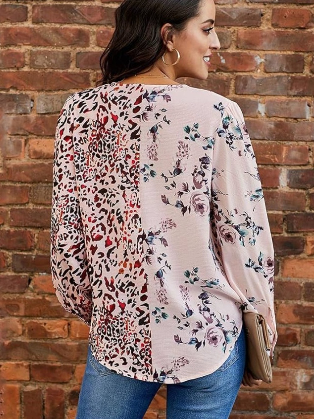 Large Pink Floral & Leopard Print Wrap Twist Top - Picture 4 of 13
